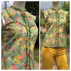 Anthropologie Odille Cap Sleeve Floral Ruffle Top